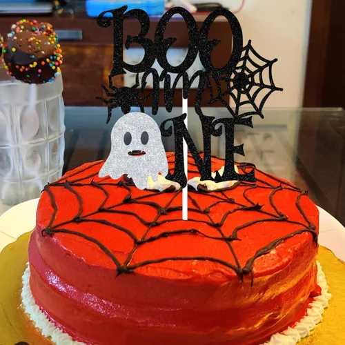 Vista 5 de Decoración negra para tartas "I'm One" con purpurina negra, The Spooky One/Baby Boo, decoración de fiesta de baby shower con temática de Halloween