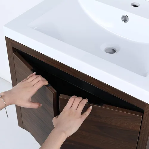 Vista 5 de Juego de tocador de baño de 24 pulgadas con lavabo de gel montado en la pared, diseño moderno, gabinete de montaje de flotador, tocador de baño