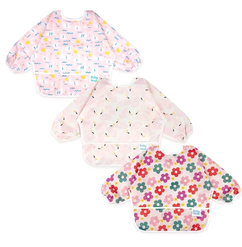 Vista 14 de Juego de baberos de manga larga de 3 piezas, baberos impermeables para bebés con bolsillo, babero para niños pequeños con mangas, bata resistente a