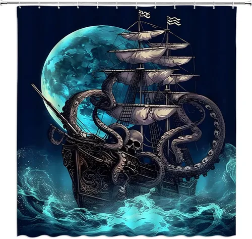 Vista 2 de Cortina de ducha náutica de pulpo, diseño de animales marinos, olas de mar, ataque, pirata, velero, barco, pulpo, tentáculos, bajo la luna, cielo
