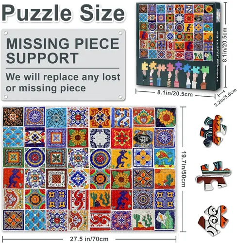 Vista 3 de Rompecabezas para adultos – Azulejo de cerámica de estilo mexicano multicolor, brillante y colorido, 28 x 20 pulgadas, detalles intrincados