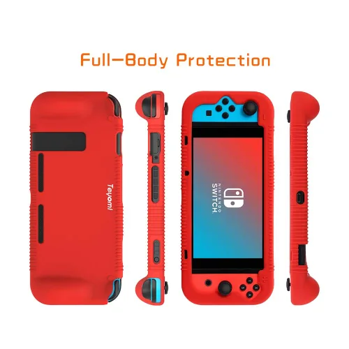 Vista 5 de Teyomi Protective Silicone Case for Nintendo Switch, Grip Cover with Tempered Glass Screen Protector, 2 Storage Slots for Game Cards