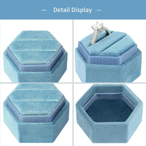 Vista 3 de Caja hexagonal DesignSter de terciopelo, portadora de anillos, hermoso estilo vintage de primera calidad, con tapa desmontable, con doble base