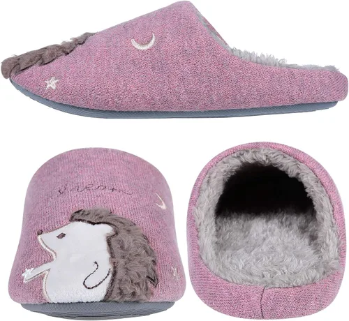 Vista 4 de Shevalues Pantuflas con forro de piel de animal para niños, niñas y niños, zapatos de casa de erizo de unicornio, mullidos bordados, para interiores