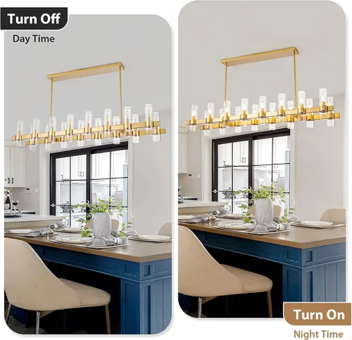 Vista 7 de Candelabros Lineales Dorados para Comedor, Candelabro Rectangular de 54" con Vidrio, Candelabros Modernos de 16 Luces Sobre Mesa, Candelabro