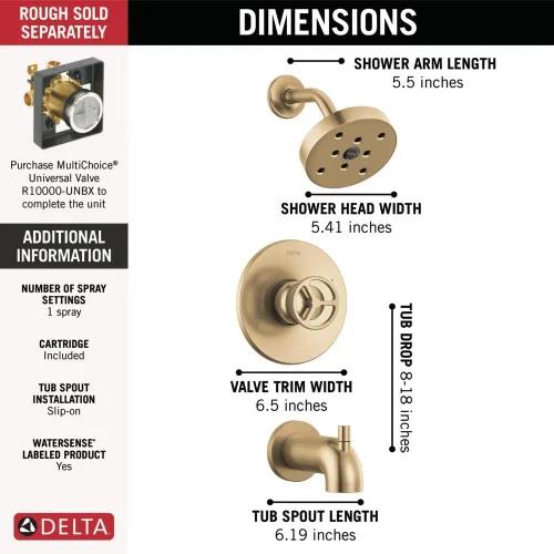 Vista 4 de Delta Faucet Trinsic Serie 14 Juego de grifo de ducha dorado con cabezal de ducha H2Okinetic, kit de accesorios de ducha dorados, juego de grifo