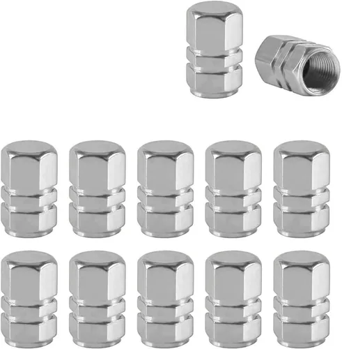Vista 6 de 12 tapas de vástago de válvula de neumático de automóvil, tapas de vástago de válvula de rueda hexagonales cromadas de aleación de aluminio