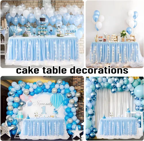 Vista 6 de Leegleri Falda de mesa de tul azul bebé con tutú y LED para baby shower, bodas, fiestas de cumpleaños - 15 pies para mesas rectangulares o redondas