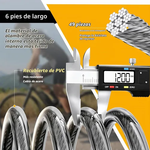 Vista 3 de Candado de cable para bicicleta de 6 pies de largo, candado de combinación reseteable de 4 dígitos, cable de acero resistente con revestimiento