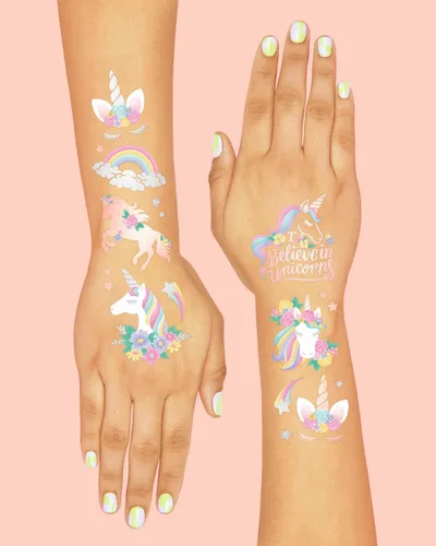 Vista 4 de xo, Fetti Recuerdos de fiesta de unicornio – Tatuajes temporales para niños – 26 estilos Suministros para fiesta de cumpleaños, decoraciones