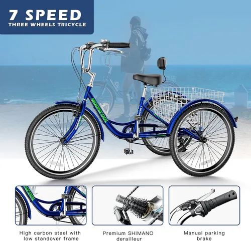 Vista 3 de Barbella Triciclos para adultos, 7 velocidades para adultos, bicicletas de 3 ruedas de 20/24/26 pulgadas, bicicleta de crucero con cesta