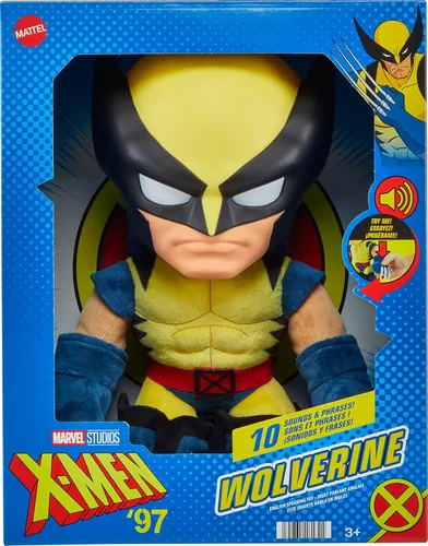 Vista 6 de Mattel Marvel X-Men Peluche con sonidos y voz, coleccionable Wolverine de 1997 con traje amarillo y estilo de animación retro