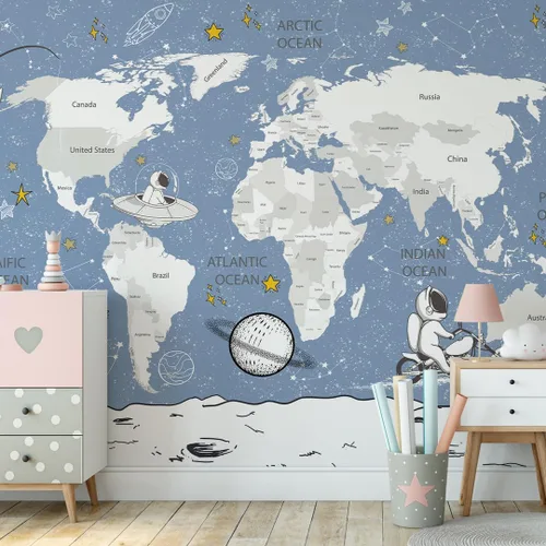 Vista 6 de Papel tapiz para habitación de niños, espacio de astronauta, mural de mapa gigante del mundo con países, papel tapiz para guardería, despegar