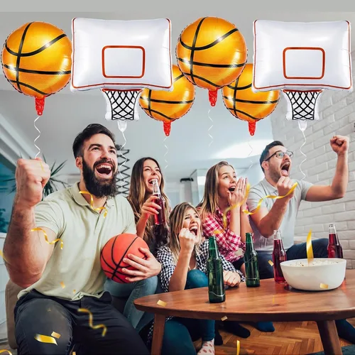 Vista 6 de Soulchen Juego de 6 globos de papel de aluminio para fiesta de baloncesto con 4 globos de baloncesto naranjas y 2 globos decorativos de aro