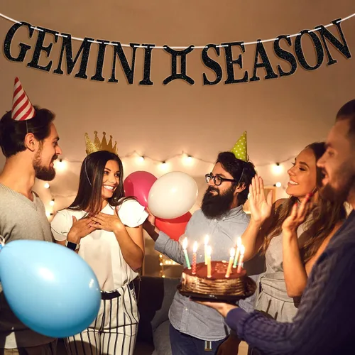 Vista 3 de Cartel de la temporada de Géminis con purpurina negra, letrero de feliz cumpleaños, energía de géminis grande, 12 constelaciones del zodiaco tema