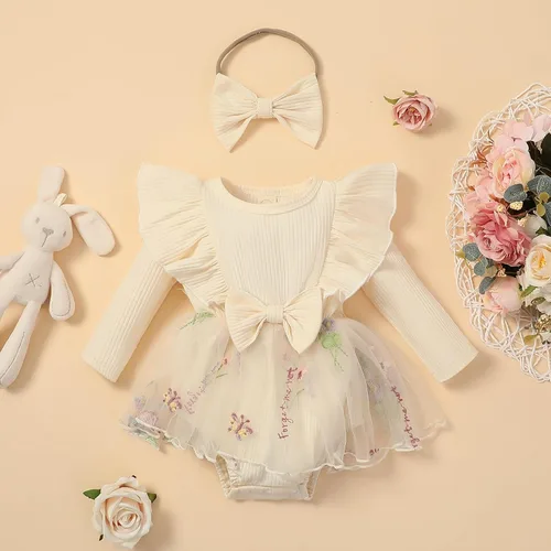 Vista 2 de Sasaerucure Traje de manga larga para bebé niña de otoño e invierno, mameluco de encaje con tutú de una pieza, mameluco de punto