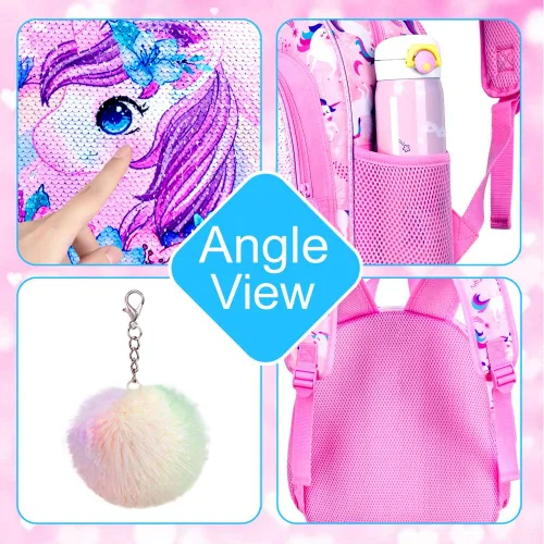 Vista 5 de UFNDC Mochila infantil para niñas, bonita mochila preescolar de unicornio para niños, mochila escolar de lentejuelas para jardín de infantes