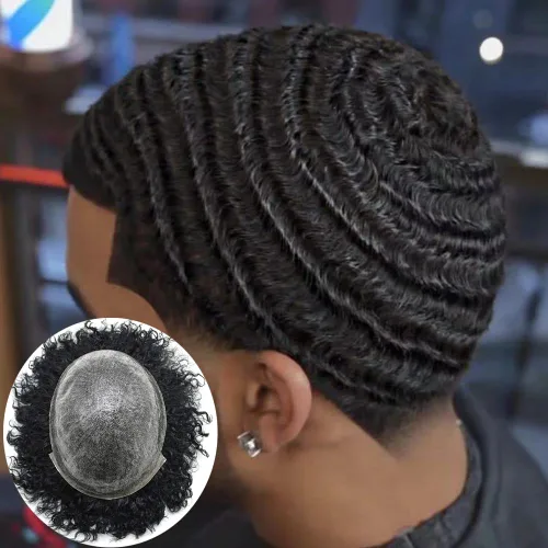 Vista 10 de Afro Toupee para hombres negros Sistemas de reemplazo de cabello 0.004 in Piel fina Afro Pelucas para hombres negros Unidades de pelo afro rizado