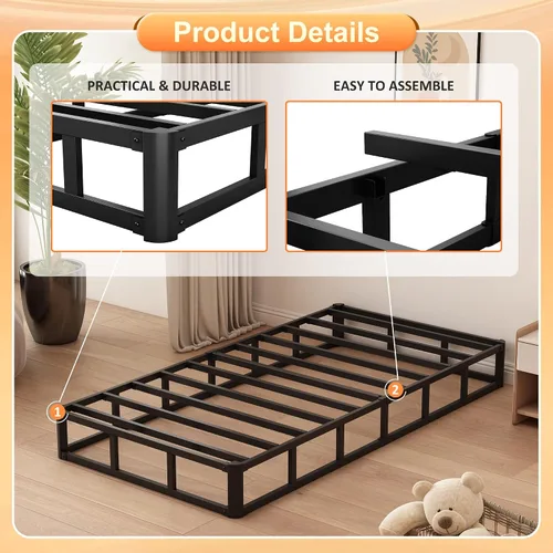 Vista 5 de Husleephu - Base de cama de metal de perfil alto de 8.0 in Incluye funda de tela, base de colchón resistente, fácil montaje, sin ruido, color negro