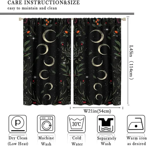 Vista 2 de Cortinas retro de luna, bosque mágico con hojas iluminadas por la luna, cortinas de plantas, diseño gótico floral de cielo estrellado para ventana
