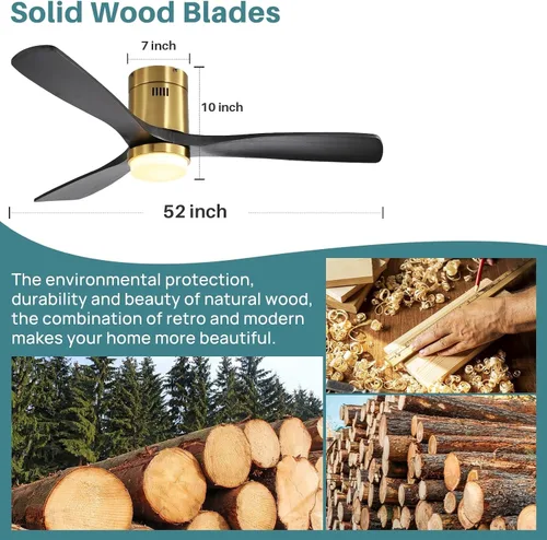 Vista 7 de Sofucor Ventiladores de techo inteligentes de 52 pulgadas con luces - montaje al ras de perfil bajo, modernos ventiladores de techo de madera maciza