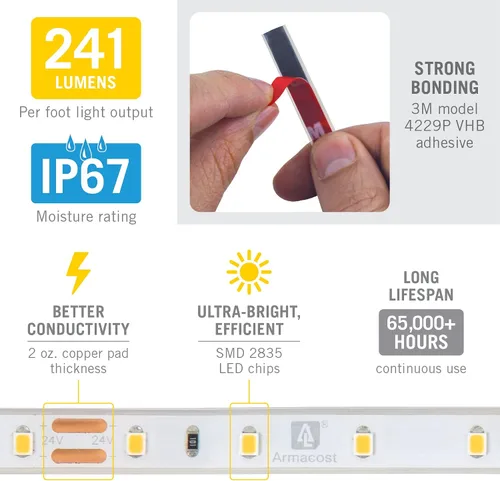 Vista 4 de Armacost Lighting RibbonFlex Pro 135410 - Cinta de luz blanca cálida (2700 K), 60 LEDs/M, 8.2 ft, 24 V