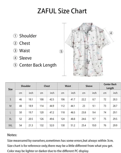 Vista 5 de ZAFUL Camisa hawaiana de algodón de manga corta con botones para el verano, para playa tropical