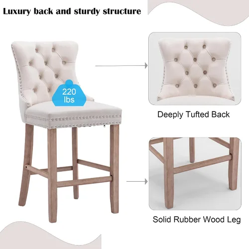 Vista 4 de Taburetes de bar tapizados de terciopelo modernos de 27 pulgadas con patas de madera, botón con cabeza de clavo cromada, taburetes de bar con Beige