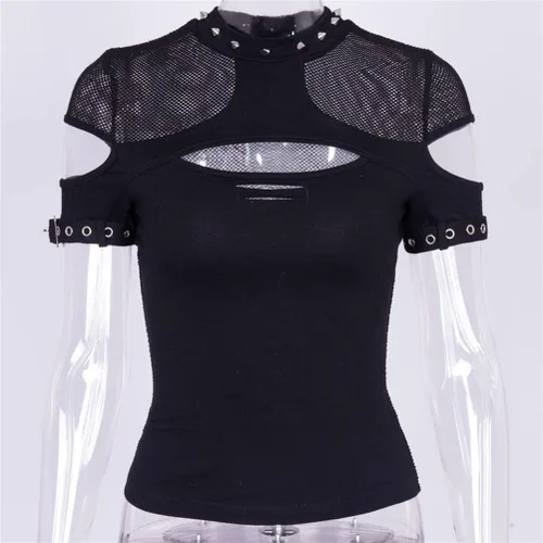 Vista 6 de Short Sleeve Mesh Tank Tops for Women Work Casual Sexy Club Shirt