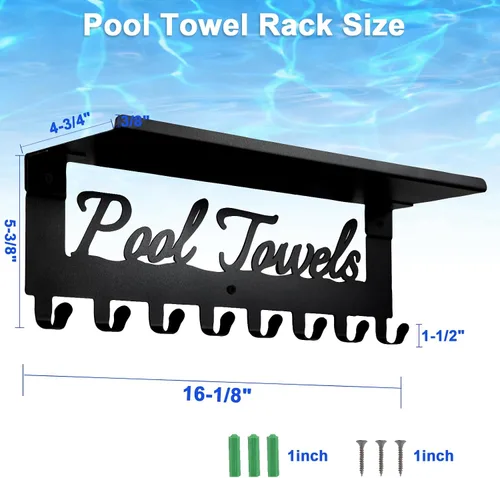 Vista 2 de Toalleros de piscina con estante 8 ganchos para piscina, baño, montaje en pared, toallero, soporte para toallas, soporte de acero al carbono