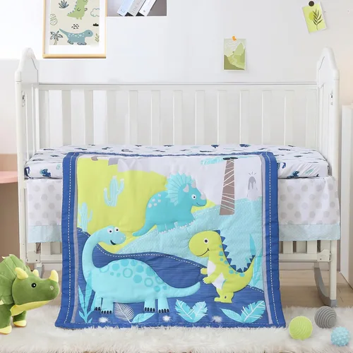 Vista 2 de Juego de ropa de cama para cuna de dinosaurio para niños, color azul, juego de ropa de cama de 3 piezas de alta calidad, juego de cuna de guardería