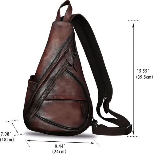 Vista 5 de Bolso bandolera de cuero genuino para hombres y mujeres vintage Sling Mochila bandolera bandolera bolsa de pecho para iPad