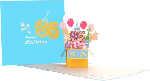 Vista 11 de iGifts And Cards Tarjeta desplegable 3D de feliz cumpleaños 84 – Diseño azul con números de purpurina, globos, pasteles y regalos – Tarjeta