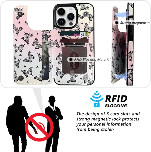 Vista 4 de Funda de piel con tapa para tarjetas compatible con iPhone 13 Pro de 6.1 pulgadas, para mujeres y niñas con tarjetero con función atril, doble