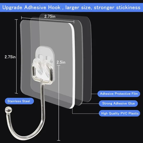 Vista 2 de Paquete de 10 ganchos de pared grandes para colgar resistentes de 33 libras (máximo), ganchos de pared adhesivos transparentes impermeables sin