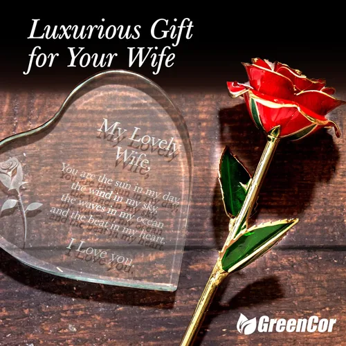 Vista 5 de GreenCor Juego de regalo de madera grabado para aniversario para esposa, con texto en inglés "To My Beautiful Wife", incluye corazón grabado