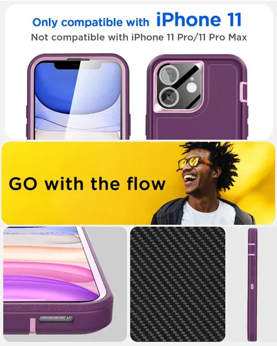 Vista 2 de AICase Funda para iPhone 11 con soporte integrado con protector de pantalla de vidrio + lente de cámara, resistente protección contra caídas, cuerpo