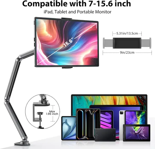 Vista 3 de KU XIU Soporte para Tablet de Escritorio, Soporte de Brazo Plegable de Aleación de Aluminio Compatible con iPad 10/9th, iPad 13/12.9/11" M3 M4 M5