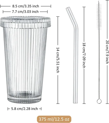 Vista 7 de Joeyan Vaso de vidrio con tapa y pajita, taza de café helado transparente acanalada, vasos vintage, cristalería acanalada para jugo, batido, agua