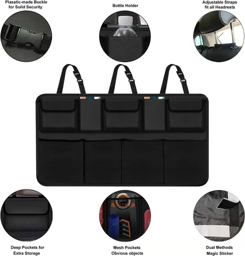 Vista 3 de Organizador de maletero colgante para asiento trasero de automóvil para SUV, camioneta, camión con 9 bolsillos de tensión, organizador de ahorro