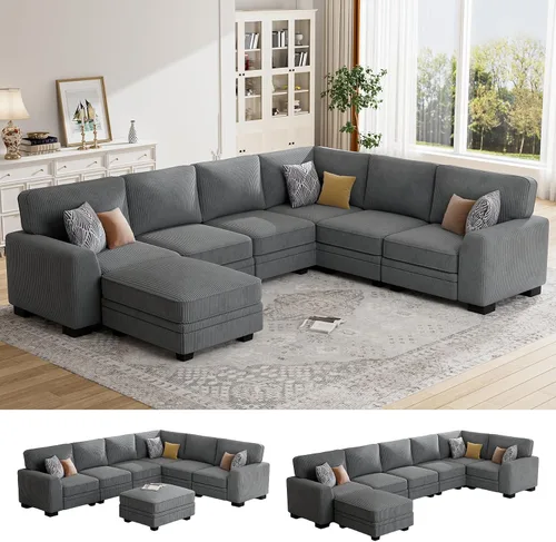Vista 20 de Legend Vansen Sofá modular de gran tamaño, sofá reversible en forma de U con otomana, sofá de pana de asiento profundo para sala de estar, 6 plazas