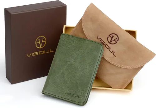 Vista 6 de VISOUL Cartera de cuero genuino para tarjetas de crédito para hombres y mujeres cartera delgada y flexible con un mini soporte extraíble