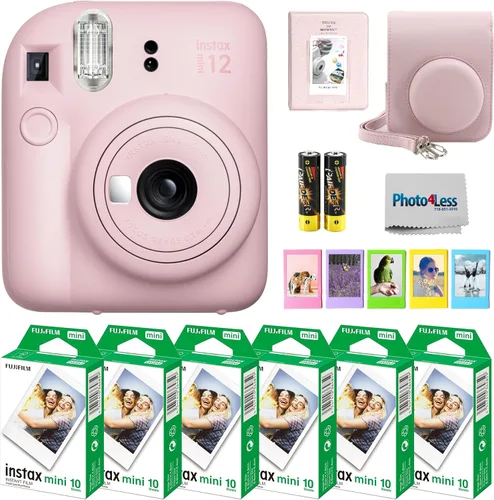 Fujifilm - Paquete de cámara instantánea Instax Mini 12 con película instantánea Fujifilm Instax Mini (60 hojas) y accesorios que incluyen estuche
