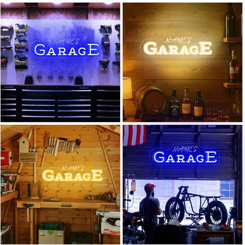 Vista 5 de Letreros de neón personalizados con nombre de garaje para decoración de pared con control remoto de temporizador, luz de neón LED de garaje