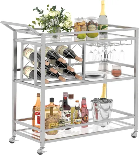 Vista 10 de FATORRI Carrito de bar para el hogar, carritos de vino rodantes sobre ruedas con estantes de madera de 3 niveles, carrito de bebidas de licor