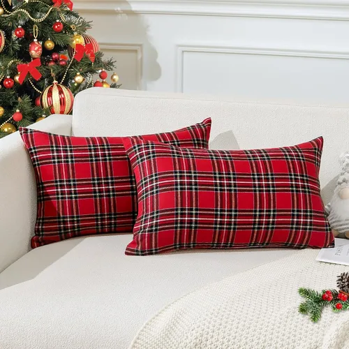 Vista 15 de OTOSTAR Paquete de 2 fundas de almohada decorativas de cuadros búfalo navideños de 12x20 pulgadas, lino clásico estilo granja, fundas de cojín