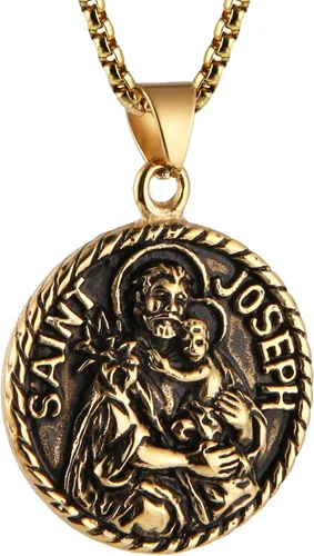 Vista 3 de Saint Joseph Collar de acero inoxidable con medalla de los santos patronos católicos, regalo de bendiciones de medallón de viajero