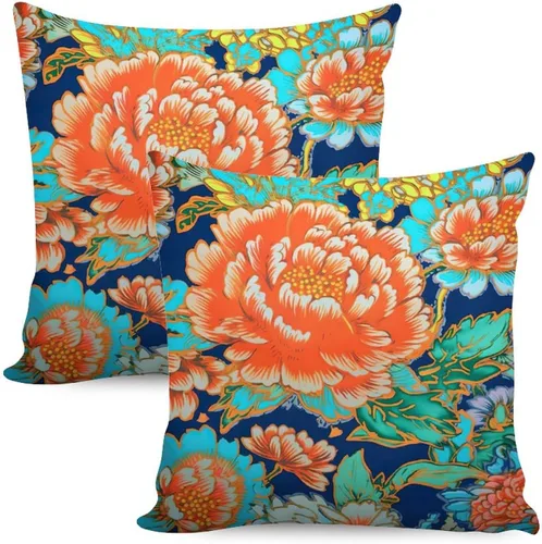 Vista 48 de Juego de 2 almohadas coloridas de estilo chinoiserie, color rosa intenso, azul real, peonía, floral, blanco, lino, estilo chinoiserie, para sofá