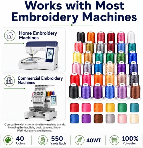 Vista 3 de Simthread Hilo de bordado de poliéster para Brother Babylock Janome Singer Pfaff Husqvaran Bernina Machines 550Yards por cono