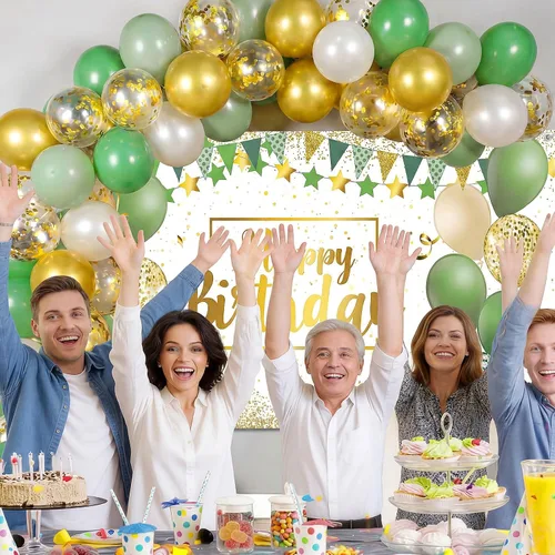Vista 6 de Tatuo Kit de globos de confeti de cumpleaños de color verde salvia, paquete de pancartas de fondo de fotografía para niños, niñas, hombres